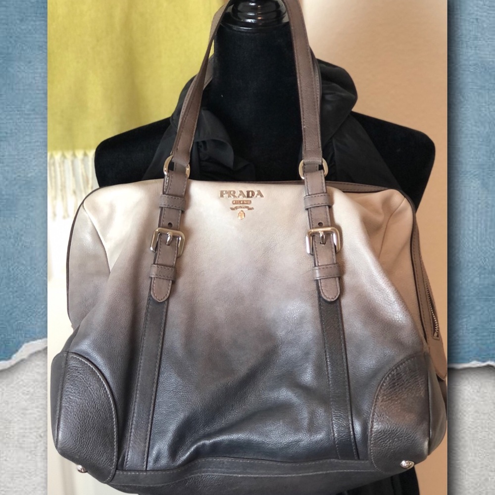 PRADA Large Leather Zip-Top GrayOmbre Shoulder Bag